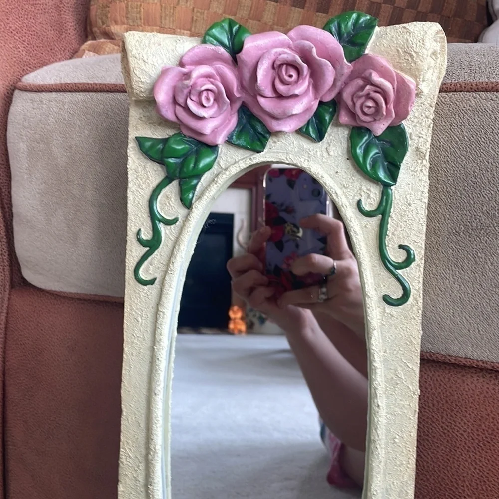 Vintage Victorian Roses Vines Cream Scroll Oval Mirror w/ Ledge Floral Antique